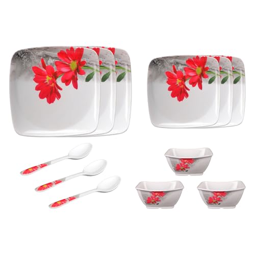 Image of Thermador Pack of 12 Melamin Dinner Set Red White | Dinner Sets | Melamine | Dinner Set for Wedding Gift | Quarter Plates Set of 12 | 12 Pieces | Red White | Dinnerware Set