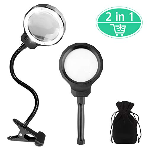 Magnifying Glass with Light, Tintec LED Illuminated Magnifier with 5X Magnification USB Powered Desktop and Handheld Magnifier with 3 Adjustable Light Settings and Metal Clamp for Reading and Working