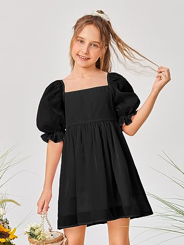 WDIRARA Girl's Square Neck Puff Sleeve Zipper Back Mesh Ruffle Hem A Line Dress3