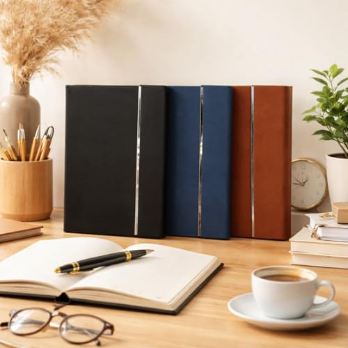Image of A5 PU Leather Notebook with Tri Fold Magnetic Closure, PU Leather Diary with 192 Pages 80 GSM Ivory Paper for Office Business Journaling (Navy Blue)