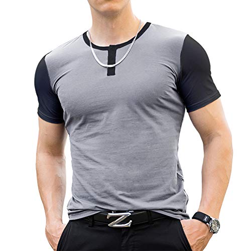 LOGEEYAR Mens Casual Premium Slim Fit Shirt Basic Henley Tee Cotton Crwneck Short Sleeve Grey