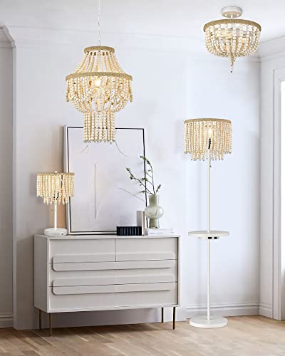 Elyona Bohemia Wood Beaded Chandelier, Farmhouse Flush Mount Ceiling Light, 13" Rustic Ceiling Light Fixture, 2-Light Boho Light Fixture For Bedroom, Entryway, Hallway, Kitchen, Girl Room, White #TOP7