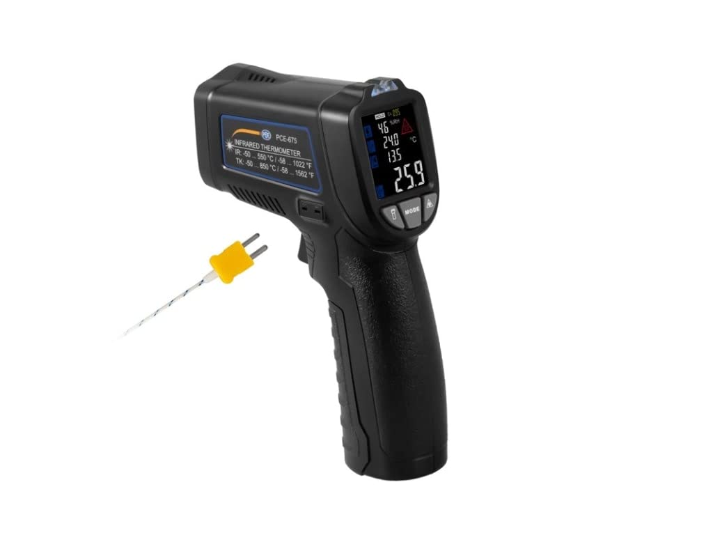 Termómetro PCE-675 de manejo sencillo/Puntero láser/Entrada para sondas tipo K/Medición de temperatura superficial, temperatura y humedad ambiental, punto de rocío/PCE Instruments