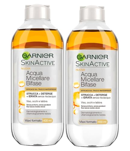 Garnier SkinActive Acqua Micellare Bifase Senza Risciacquo Rimuove Trucco Waterproof Azione Struccante Detergente Idratante per Viso Occhi Labbra Formula Senza Profumo - 2 Flaconi 400ml