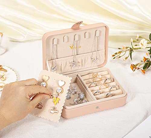 Voova Small Jewelry Organizer Box, Travel Jewelry Case For Women Teen Girls, Mini Pu Leather Portable Jewellery Storage Boxes Holder With Smart Earrings Plate For Necklaces Rings Bracelets, Pink #TOP4