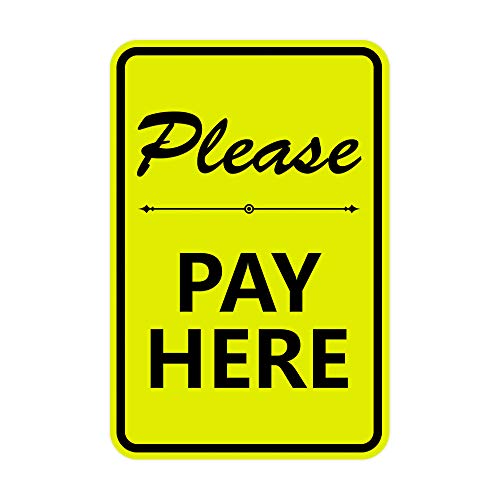 Portrait Round Please Pay Here Sign with Adhesive Tape, Mounts On Any Flat Surface (Yellow/Black) - Small