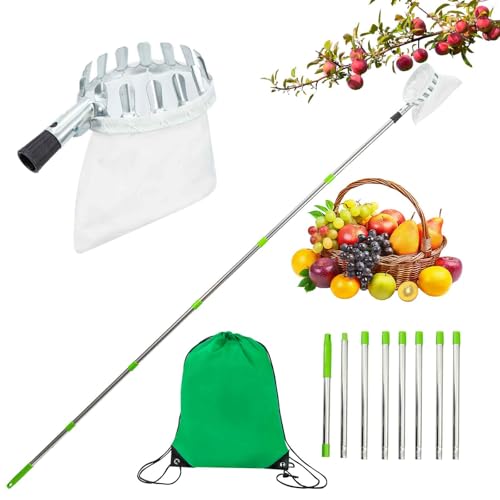 Toemics 10FT Apple Picker with Telescopic Handle Fruit Picker Tool Storage Bag Long Reach for High Branches, Lightweight Stainless Steel Fruit Grabber for Apples, Pears, Oranges, Cherri