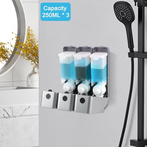 Foto von Hepzest 3-in-1 Seifenspender, Shampoo- und Conditioner-, Seifenabtrenner für das Badezimmer, 3 Kammern für die Dusche, geeignet für Hotelbadezimmer, Zuhause, Schulen, Einkaufszentren.