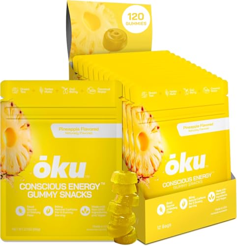 Image of ōku Energy Chews - Energy Gummies w /Natural Caffeine from Green Tea | Yerba Mate, Coconut Water for Hydration, Vegan Fiber Gummy, Non-GMO | Running, Cycling, On-the-Go Snacks, Pineapple (12-Pack)