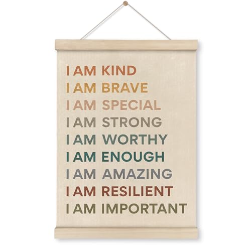 Image of HRQKO Boho Inspirational I am Kind Poster Hanger Frame, Kids Room Decor, Boho Nursery Wall Art with Wooden Frames, Positive Affirmations Wall Hanging Decor for Kids Room Classroom Nursery, 12x16 Inch