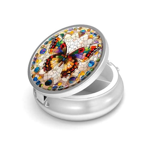 Image of Pill Box-3 Compartment Small Pill Case for Purse & Pocket Mini Metal Pill Holder Travel Pill Container to Hold Supplements Vitamins BPA-Free (Gemstone Butterfly)
