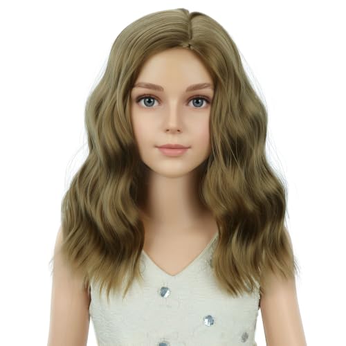 Image of PATTNIUM Dark Blonde Short Curly Wavy Wigs for Kids Girls Ash Blond Side Part Shoulder Length Heat Resistant Synthetic Wig Halloween Cosplay Costume Party Daily Wigs