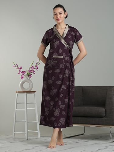 Image of 9shines Label Stylish Cotton Nighty Robe for Women | Front Open Floral Housecoat | Wrap Nighty with Pocket | Adjustable Waist Tie | Plus Size housecoat (HC-2026)
