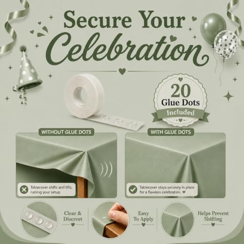 Image of Blue Orchards Sage Green Plastic Table Cover (Pack of 3 with 20 Glue dots) - 54 inch x 108 inch - Sage Green Tablecloth, Waterproof & Disposable Party Supplies, Boho Chic Decorations for Wedding, Baby Shower