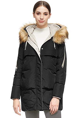 Orolay Womens Thickened Long Down Jacket with Removable Fur Hood Large Pockets Black L