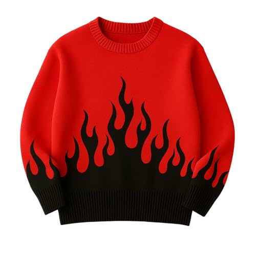 Unisex Pullover Crewneck Long Sleeve Knit Sweater with Woven Flame Pattern Street Fashion Warm Outfit for Men and Women