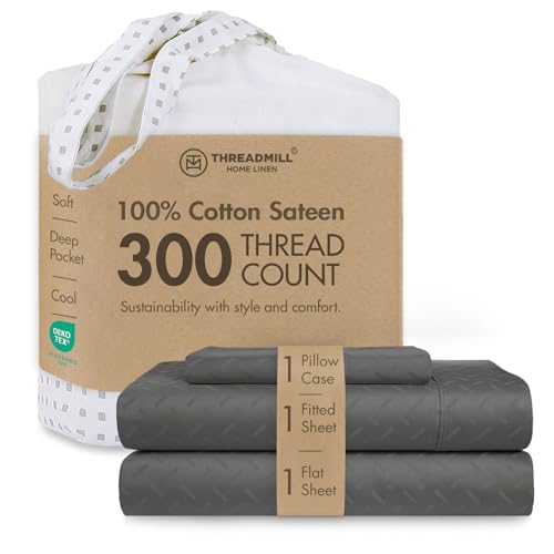 Image of Threadmill 300TC Cotton Twin Sheet Set, Sateen, Jacquard, Dark Grey | 100% Cotton, Sateen Weave, Jacquard Pattern, 3-Piece Set, 16 inch Deep Pocket, Cooling, Breathable, OEKO-TEX Certified