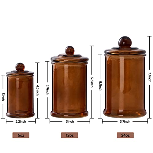 Kmwares 3Pcs Set Small Glass Premium Quality Apothecary Jars With Lids Bathroom Accessories Set For Bathroom Laundry Room Storage Or Kitchen / Vanity Organizer Canisters For Cotton Balls / Swabs, Makeup Sponges, Bath Salts, Q-Tips(Brown Jar) #TOP5