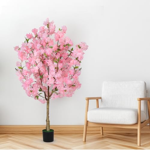 OUSHENG Artificial Cherry Blossom Tree, Fake Plants Indoor Decor, Faux Pink Sakura Flowers for Living Room Home House Entryway Bedroom Office Inside Decorations, 4FT - Thumbnail 2