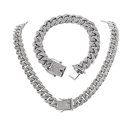 Cuban Link Chain for Men Hip Hop Iced Out Chains Choker with Bling Rhinestones 12mm Miami Cuban Link Necklace and Bracelet Set for Women 24 inch