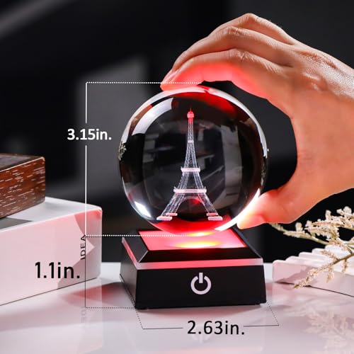 Image of 3D Crystal Ball Paris Eiffel Tower Snow Globe Decor Gifts for Women Men Adults with LED Base Lamp Souvenirs Xmas Ornament Unique Paris Stuff Glass Snowglobes for Christmas Birthday