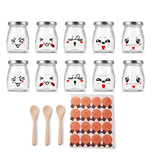 Frascos de yogur Supremery 10 frascos con tapa con tapa de rosca, frascos para entrantes y postres, ideales para servir y presentar alimentos, 100 ml con 3 cucharas