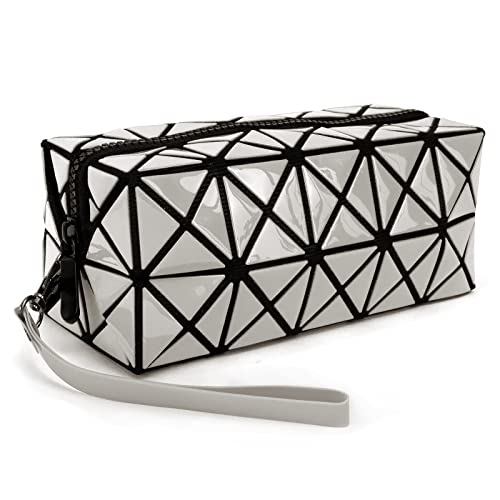 1 x faltbare Make-up-Tasche für Mädchen/Frauen, modische Kunstledertasche mit Rautengitter, für Kosmetikartikel grau Cover