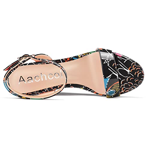 Image of Aachcol Women Platform Wedge Sandals Round Peep Open Toe Ankle Strap Slingback Two-Piece Chunky Block High Heel Dress Shoes Pumps Party Patent 4 Inch