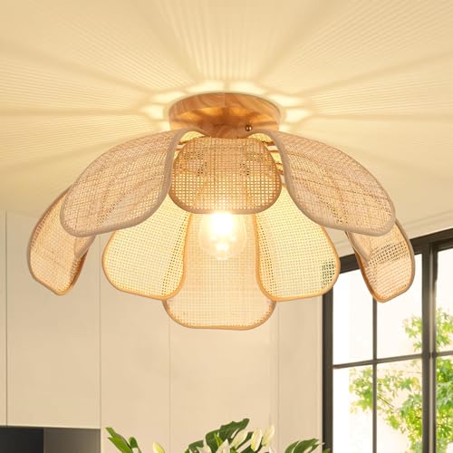 Image of 20 Inch Boho Flower Ceiling Light Flush Mount Rattan Light Fixture