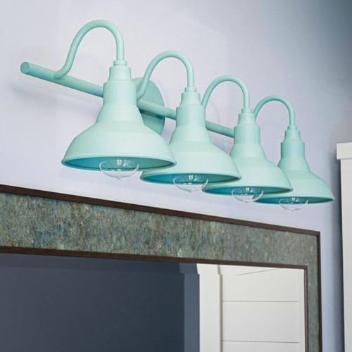 Image of Teal 4-Light Bathroom Vanity Light, Rustic Farmhouse Schoolhouse Design, Metal Bell Shades, Damp Rated, Dimmable E26 Fixture for Vanities, Hallways & Mirrors