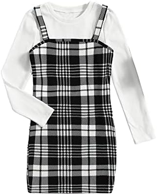 Milumia Girl's Two Piece Outfit Plaid Spaghetti Strap Cami Dress and Top Tee Set Black and White 11-12 Years