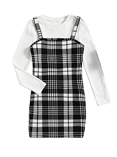 Milumia Girl's Two Piece Outfit Plaid Spaghetti Strap Cami Dress And Top Tee Set Black And White 11-12 Years #TOP1