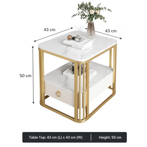 Image of Style Round End Table with Storage, Drawer 2-Tier Shelf Nightstand Gold Metal Frame Marble Look Sofa Side Coffee Table for Living Room Bedroom Balcony Patio (White Gold)