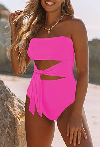 Image of Viottiset Women's Bandeau One Piece Swimsuit Strapless Tie High Cut Out Bathing Suit