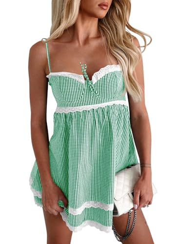 Image of Wenrine Womens Summer Mini Dress Spaghetti Strap Sweetheart Y2K Plaid Lace Trim Tiered Beach Sundress Dresses