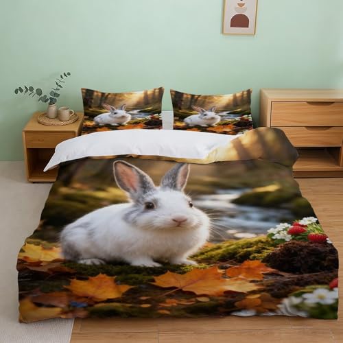 Funda Nórdica con Conejo Microfibra Suave Juego De Cama Bosque con Funda De Almohada para Dormitorio Principal Y De Huéspedes Double（200x200cm）