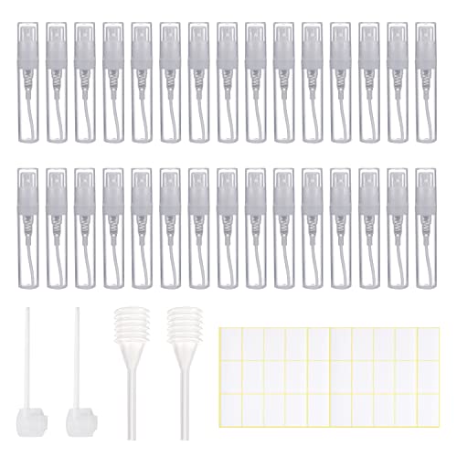 PFLYPF 30 unidades de 3 ml mini pulverizador con cuentagotas, dispensador y etiqueta para etiquetas, botella dispensadora transparente, atomizador recargable portátil para loción, perfume, etc.