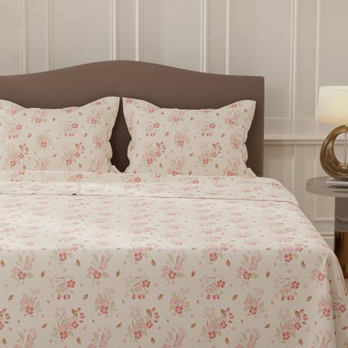 Image of Layers 100% Cotton Bedsheet for Double Size Bed | Lumina Floret Collection | 144 TC Soft & Breathable | Floral Print with 2 Pillow Covers | Wrinkle Free & Colorfast | 3 Piece Bedding Set - Pink