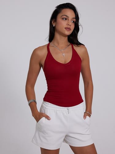 Image of Danysu V Neck Racer Back Tank Top for Women Padded Ribbed Long Tank Fitted Basic Cami Tops