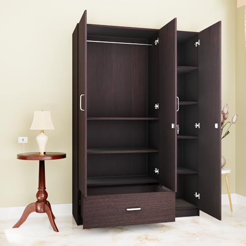 Image of VIKI Wardrobe | Wooden Almirah for 3 Door Wardrobe with 1 Drawer & Hanging Space (Dark Wenge - 40D x 120W x 180.8H) | 1 Year Warranty | Free Assembly