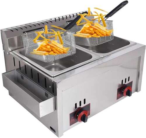 MJMLUCK Freidora de Gas GLP Comercial de Acero Inoxidable de 10 l x 2, Ideal para Papas Fritas, restaurantes, cocinas y hogares. Incluye Cesta.