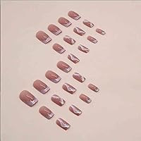 Vista 2 de Foccna Coffin French Press on Nails Fake Nails Pink Swirls Cute Women's False Nails Medium LongDaily Artificail Nails for Women and Girls-24Pcs