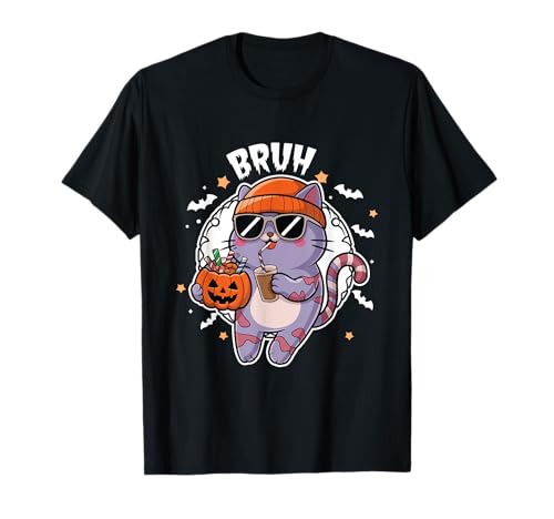 Bruh Cute Halloween Cat In Ghost Costume Drinking Coffee Camiseta