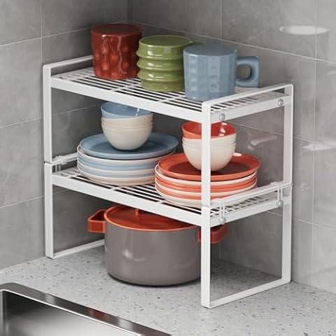 2 Packs Kitchen Cabinet Organizer Shelves,2 Tiers Stackable Shelf Organizers for Pantry Storage,Kitchen Wire Shelves Organizer Countertop Storage,Pantry Organizer Shelf Rack Stand Cover