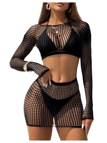 MakeMeChic Women's 2 Piece Bikini Cover Ups Hollow Out Long Sleeve See Through Crop Top and Mini Skirt Set
