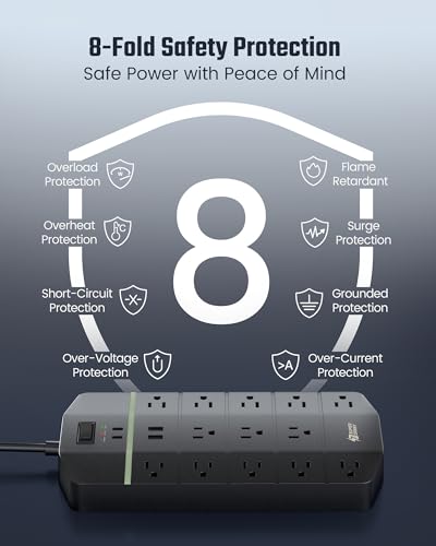 Power Strip,SUPERDANNY 5000 Joules Surge Protector with 13 AC Outlets 2 USB-A & 2 USB-C PD 20W Fast Charging Heavy Duty 14AWG/3C Industrial Grade Extension Cord for Workbench Home Office Black - Thumbnail 7