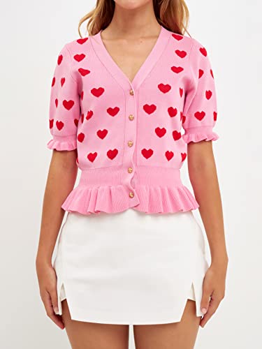 Heart Cardigan With Short Puff Sleeve Pink/Red #TOP3