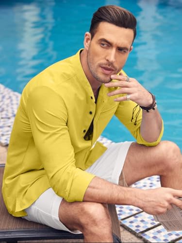 Image of Mens Casual Button Down Shirt | Cotton Luster Long Sleeves Shirts | Mandarin Collared Shirts
