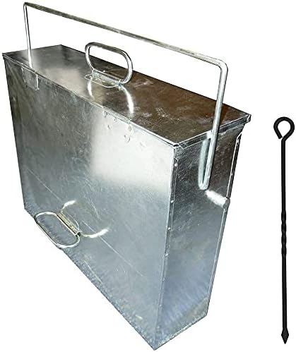 Srendi® Fireside Silver Ash Carrier Galvanised Metal Hot Tidy Box Container Fireplace Pan Bucket Bin Ash Storage Box wih Free Poker