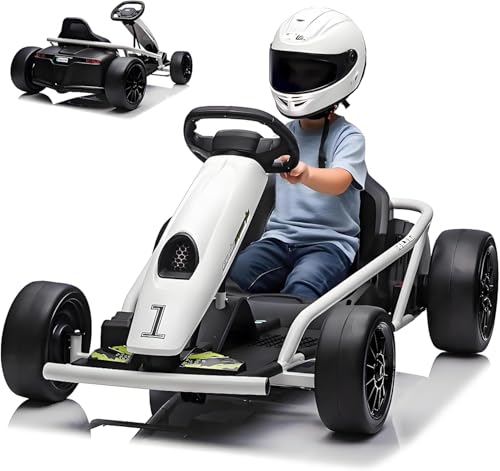 24V Go Kart Eléctrico de Derrape, Go Kart a Pedales para Niños con Motores Duales de 300W, Ruedas Delanteras: EVA; Ruedas Traseras: Nylon Drift, Máxima 13km/h, Estructura Metálica, Música y Altavoces